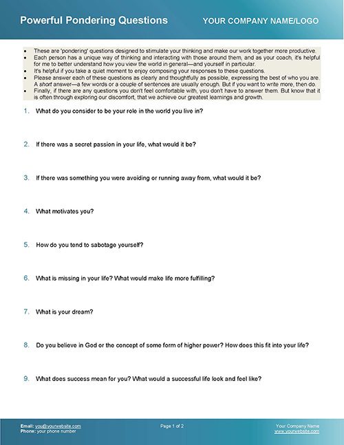 Pondering Questions Life Coaching Tool Page 1