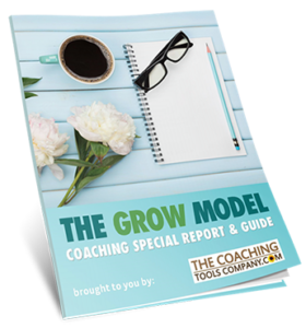 GROW Model Special Report Image containing GROW Questions (with flowers, coffee with notebook and pen, on light blue background)